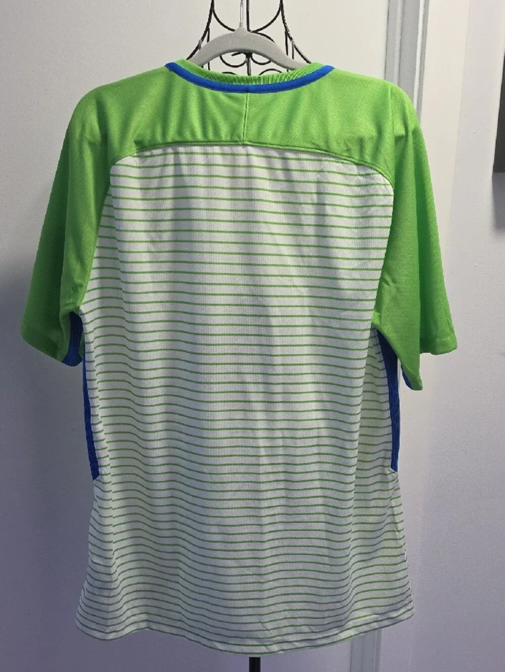 Nike VfL Wolfsburg Striped Soccer Jersey - Lime Green & White with Blue Accents - Picture 10 of 10